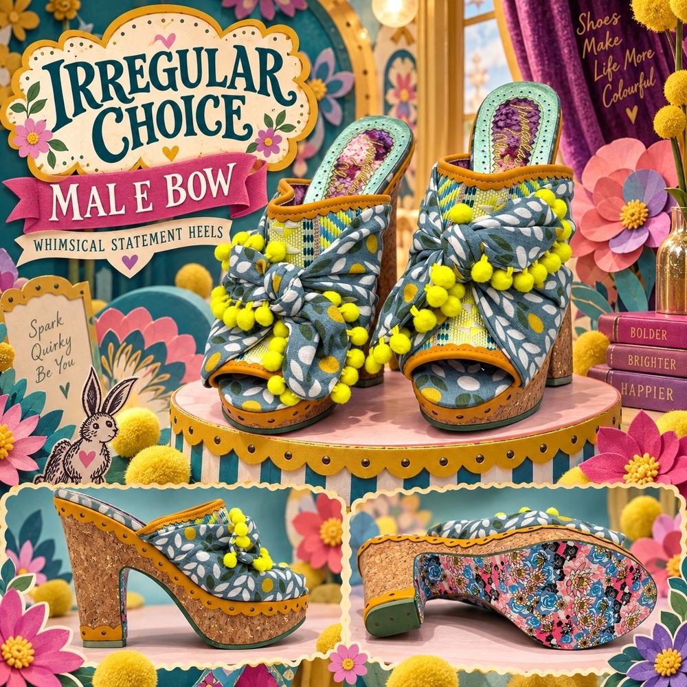 Irregular Choice Pom Pom Bow Cork Wedge Mules Blue Yellow Floral US 8 EUR 39